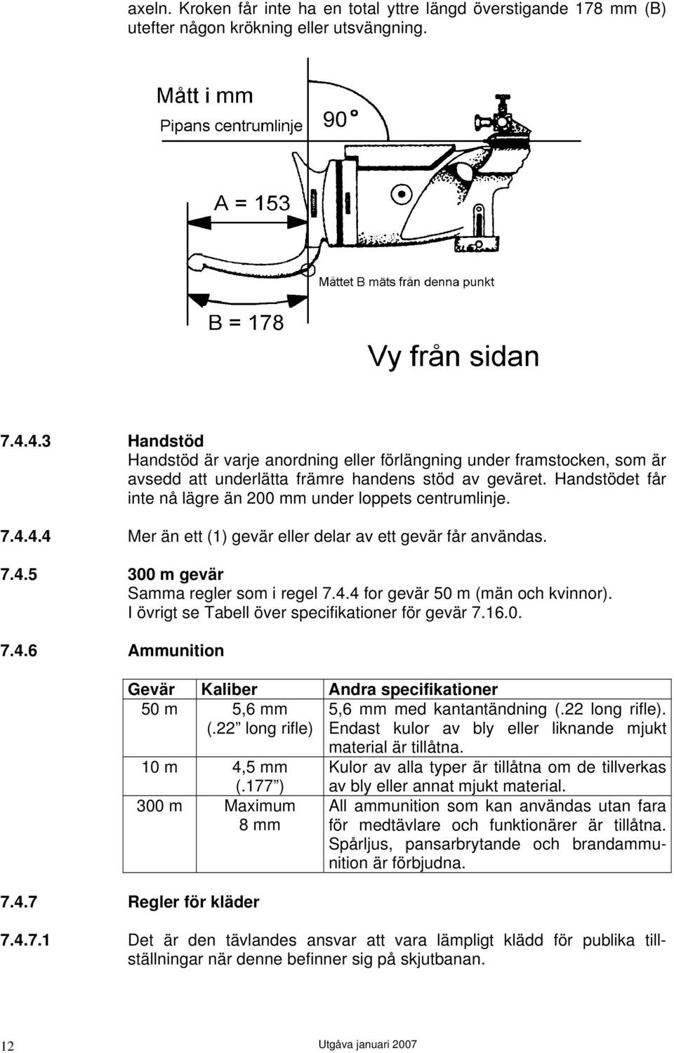 Handstödet får inte nå lägre än 200 mm under loppets centrumlinje. 7.4.4.4 Mer än ett (1) gevär eller delar av ett gevär får användas. 7.4.5 300 m gevär Samma regler som i regel 7.4.4 for gevär 50 m (män och kvinnor).