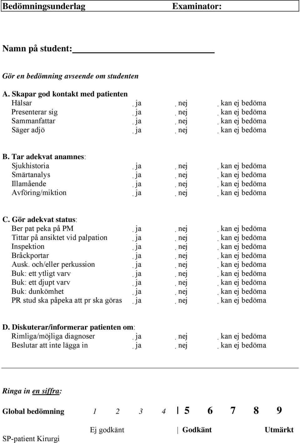 Tar adekvat anamnes: Sjukhistoria ja nej kan ej bedöma Smärtanalys ja nej kan ej bedöma Illamående ja nej kan ej bedöma Avföring/miktion ja nej kan ej bedöma C.