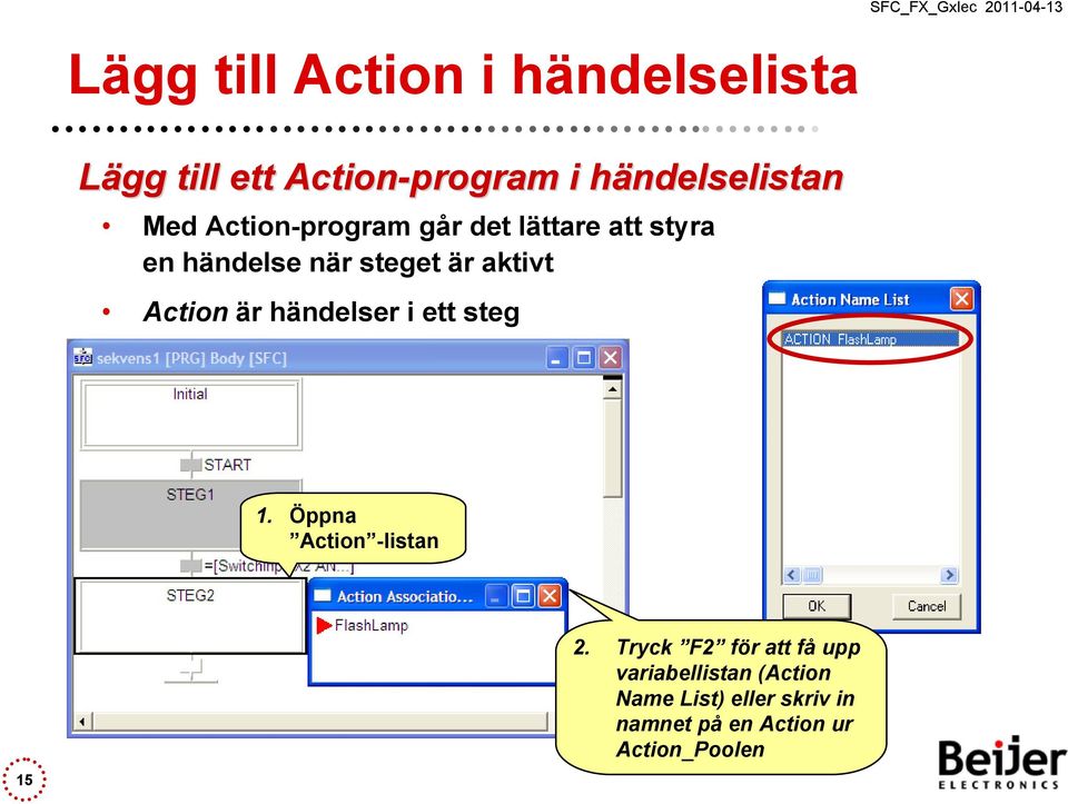 Action är händelser i ett steg 1. Öppna Action -listan 15 2.