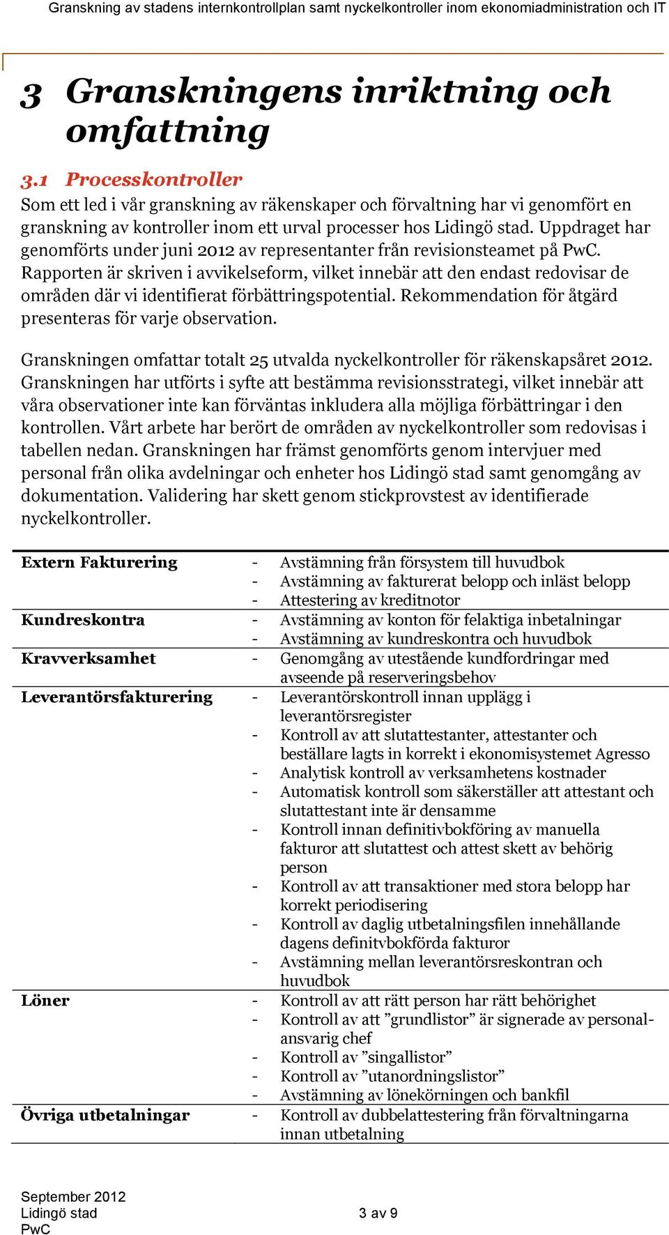 Uppdraget har genomförts under juni 2012 av representanter från revisionsteamet på.