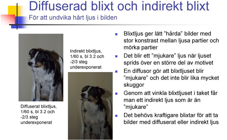 2 och -2/3 steg underexponerat Blixtljus ger lätt hårda bilder med stor konstrast mellan ljusa partier och mörka partier Det blir ett mjukare ljus när