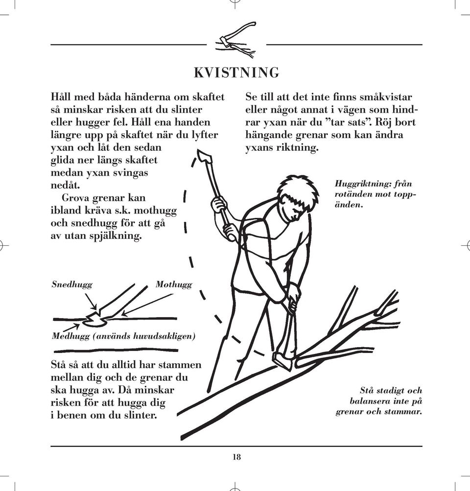 Se till att det inte finns småkvistar eller något annat i vägen som hindrar yxan när du tar sats. Röj bort hängande grenar som kan ändra yxans riktning.