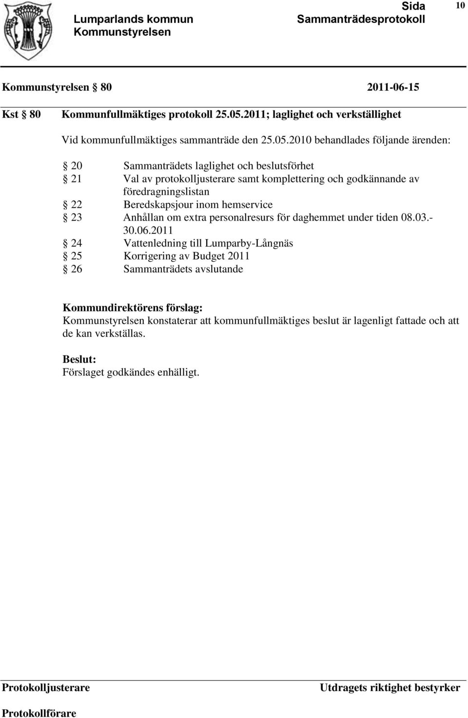 2010 behandlades följande ärenden: 20 Sammanträdets laglighet och beslutsförhet 21 Val av protokolljusterare samt komplettering och godkännande av