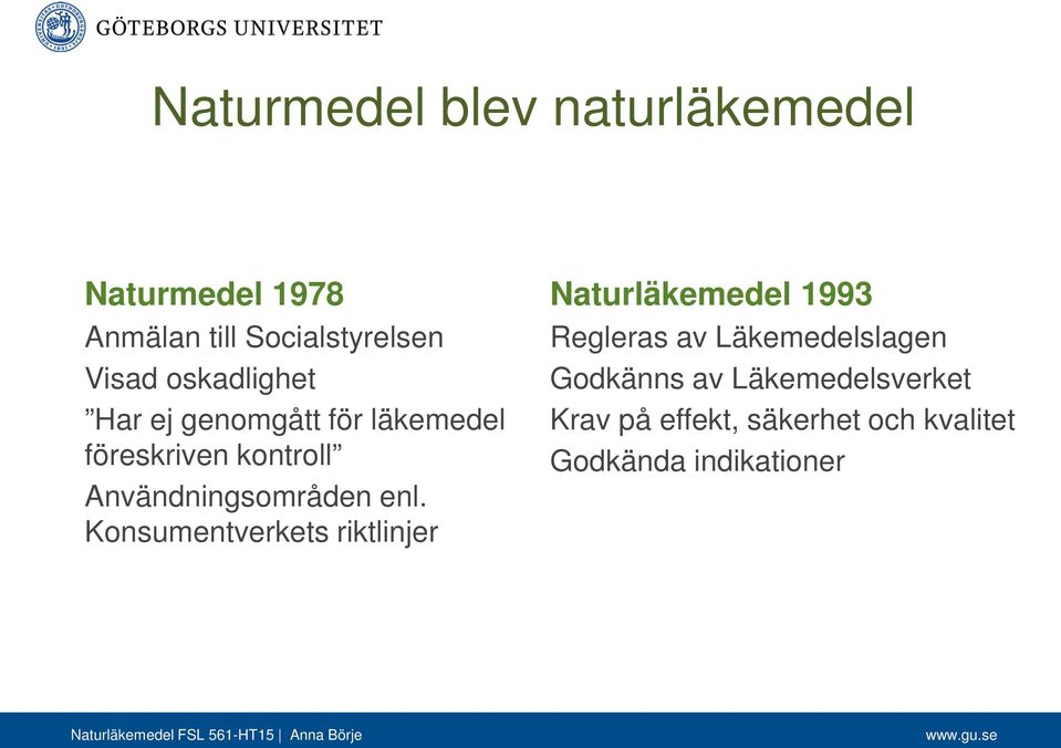 enl. Konsumentverkets riktlinjer Naturläkemedel 1993 Regleras av Läkemedelslagen