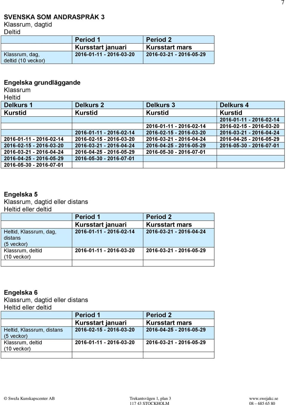 distans eller deltid, Klassrum, dag, distans (5 veckor) Klassrum, deltid (10 veckor) Kursstart januari Kursstart mars Engelska 6