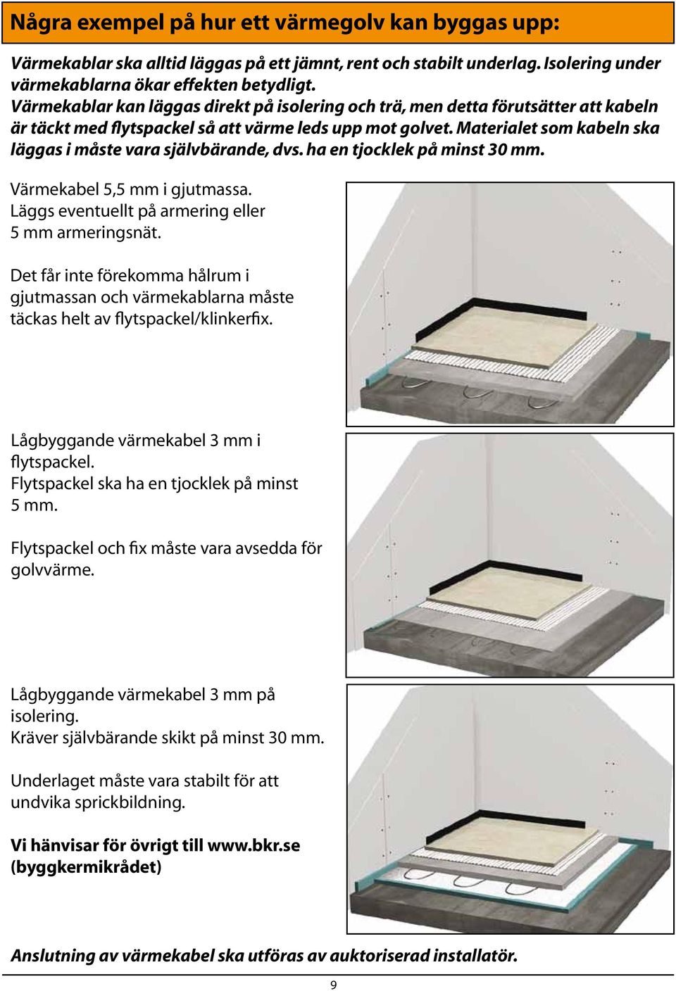 Materialet som kabeln ska läggas i måste vara självbärande, dvs. ha en tjocklek på minst 30 mm. Värmekabel 5,5 mm i gjutmassa. Läggs eventuellt på armering eller 5 mm armeringsnät.