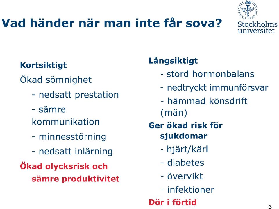 nedsatt inlärning Ökad olycksrisk och sämre produktivitet Långsiktigt - störd