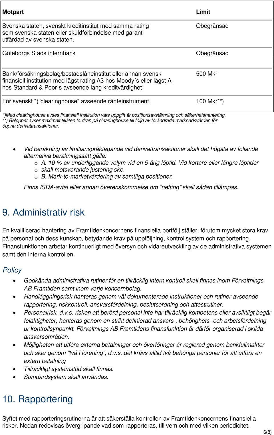 & Poor s avseende lång kreditvärdighet För svenskt *)"clearinghouse" avseende ränteinstrument 500 Mkr 100 Mkr**) *)Med clearinghouse avses finansiell institution vars uppgift är positionsavstämning