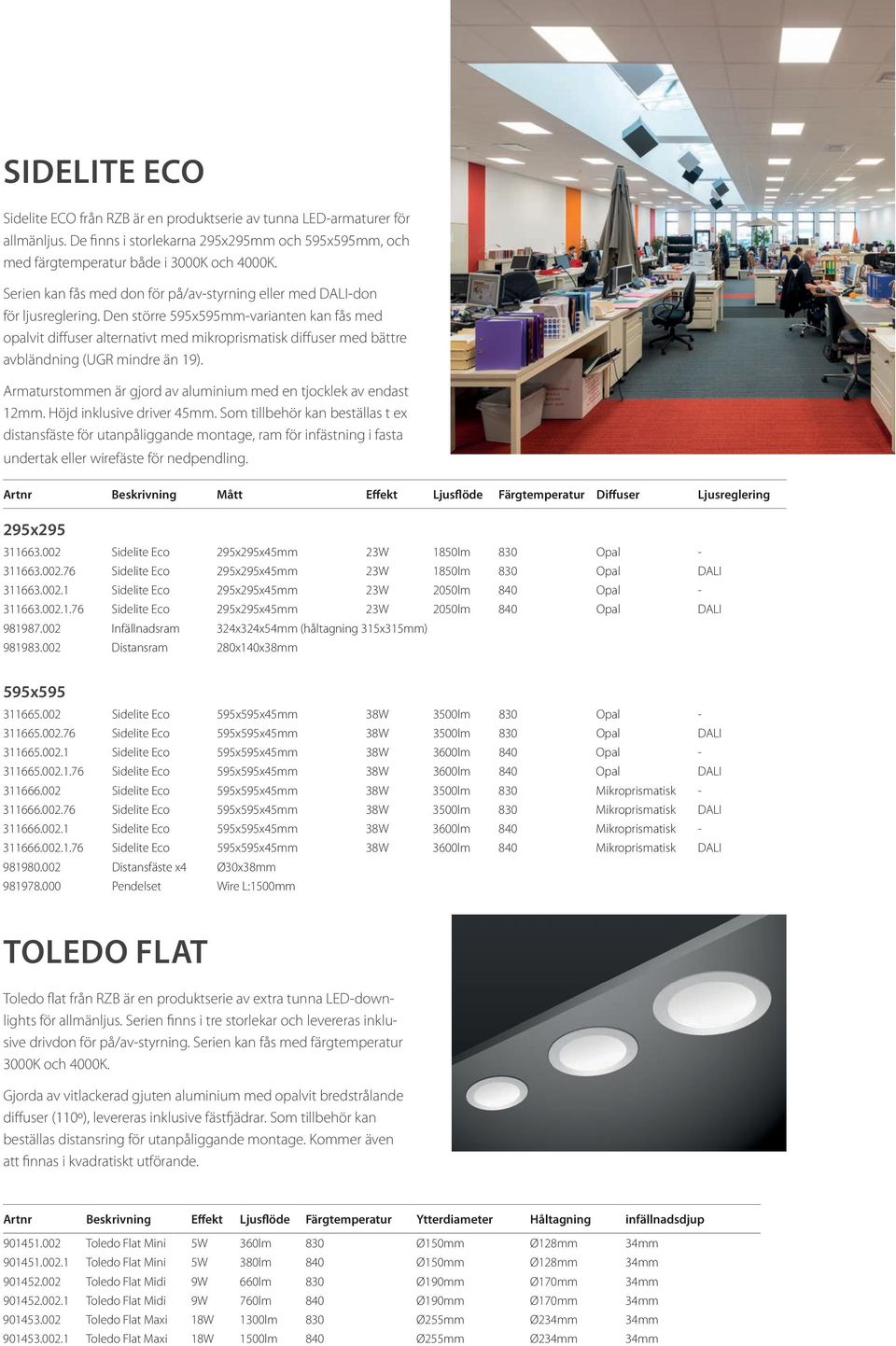 Den större 595x595mm-varianten kan fås med opalvit diffuser alternativt med mikroprismatisk diffuser med bättre avbländning (UGR mindre än 19).