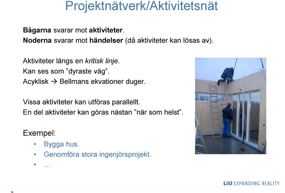 Aktiviteter längs en kritisk linje. Kan ses som dyraste väg.
