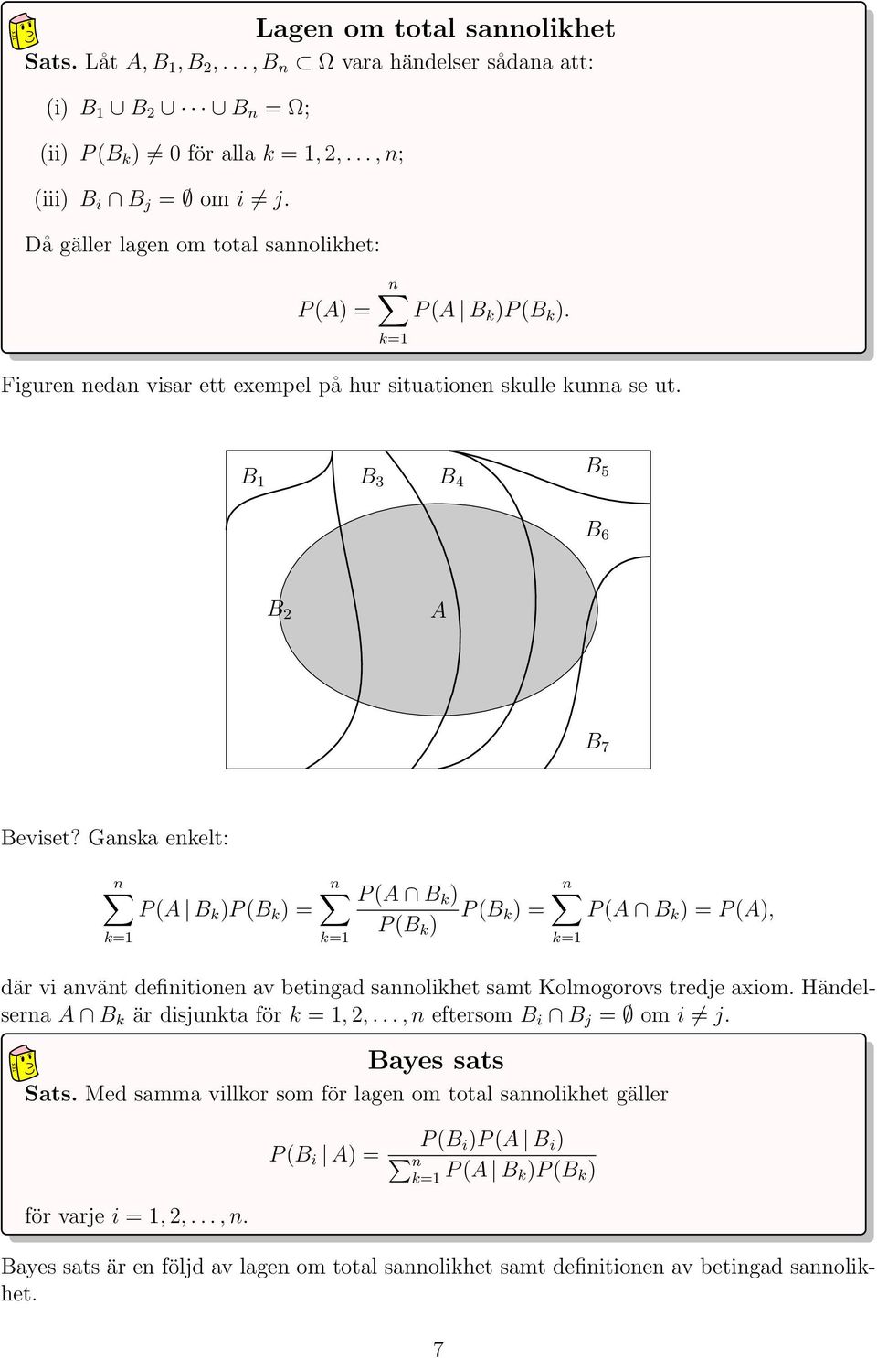 Ganska enkelt: n P (A B k P (B k = k= n k= P (A B k P (B k = P (B k n P (A B k = P (A, k= där vi använt definitionen av betingad sannolikhet samt Kolmogorovs tredje axiom.