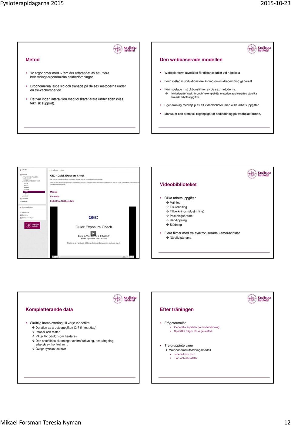 Webbplattform utvecklad för distansstudier vid högskola Förinspelad introduktionsföreläsning om riskbedömning generellt Förinspelade instruktionsfilmer av de sex metoderna.