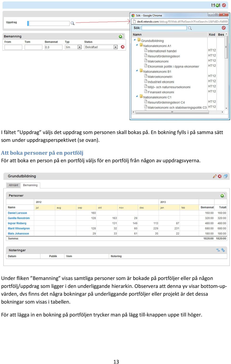 Under fliken Bemanning visas samtliga personer som är bokade på portföljer eller på någon portfölj/uppdrag som ligger i den underliggande hierarkin.