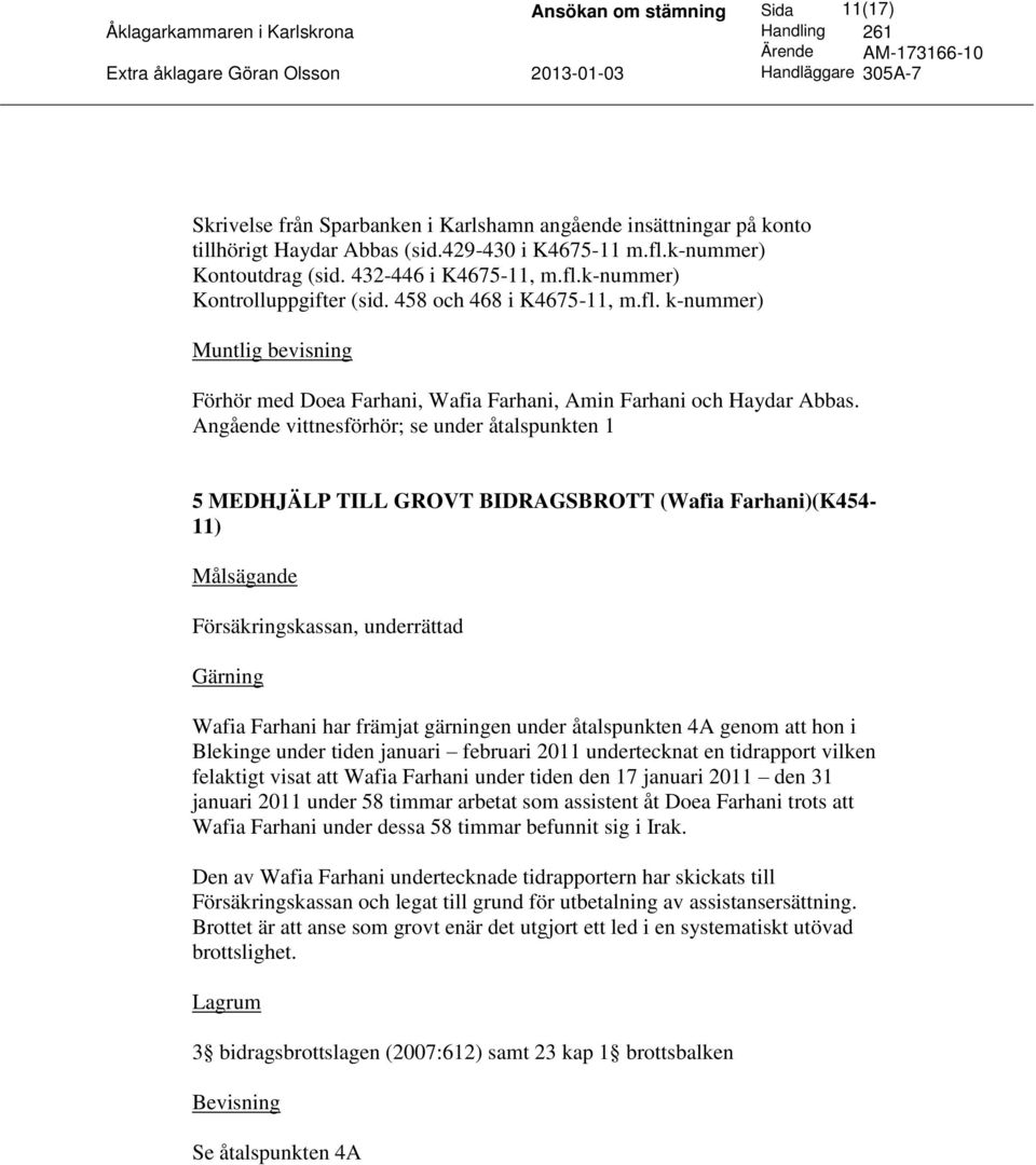 Angående vittnesförhör; se under åtalspunkten 1 5 MEDHJÄLP TILL GROVT BIDRAGSBROTT (Wafia Farhani)(K454-11) Wafia Farhani har främjat gärningen under åtalspunkten 4A genom att hon i Blekinge under