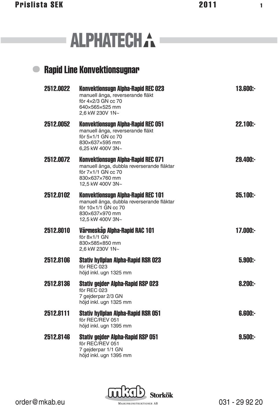 400:- manuell ånga, dubbla reverserande fläktar för 7 1/1 GN cc 70 830 637 760 mm 12,5 kw 400V 3N~ 2512.0102 Konvektionsugn Alpha-Rapid REC 101 35.