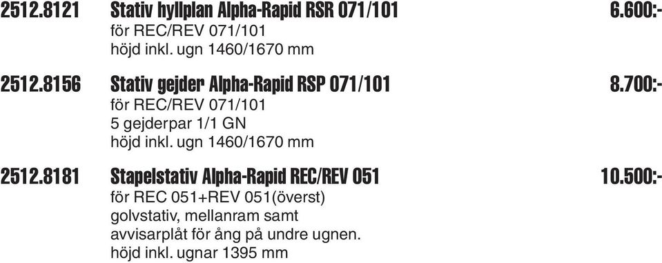 700:- för REC/REV 071/101 5 gejderpar 1/1 GN höjd inkl. ugn 1460/1670 mm 2512.