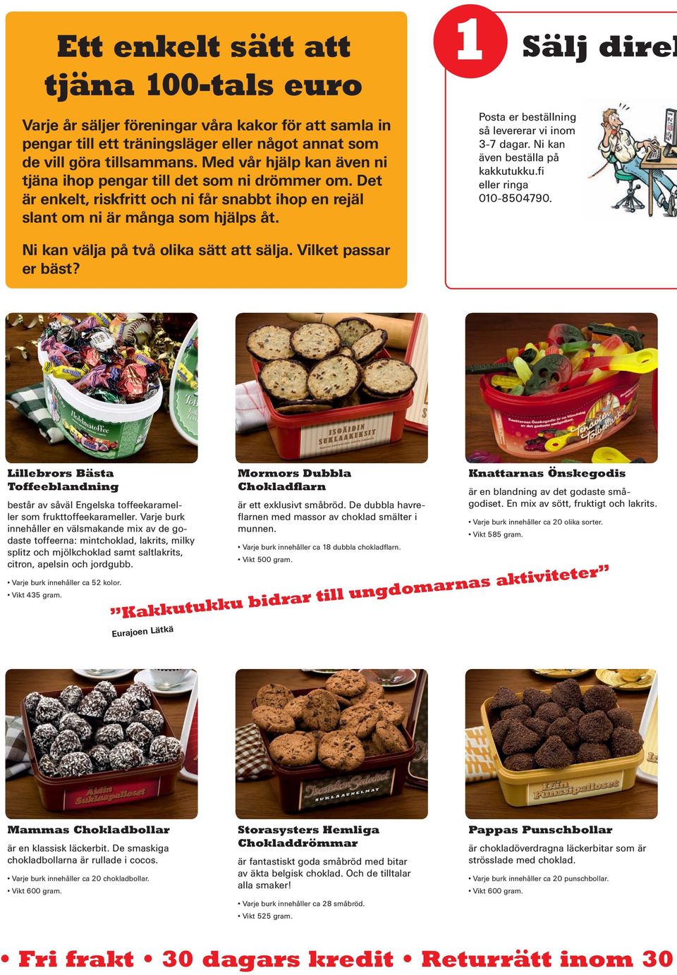 1 Sälj direk Posta er beställning så levererar vi inom 3-7 dagar. Ni kan även beställa på kakkutukku.fi eller ringa 010-8504790. Ni kan välja på två olika sätt att sälja. lket passar er bäst?