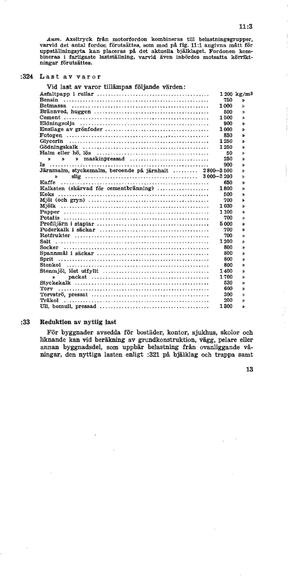 :324 Last av varor Vid last av varor tillämpas följande värden.:.asfaltpapp i rullar.............. Bensin................... 750» Betmassa 1 000» Brännved, huggen............. 500» Cement.