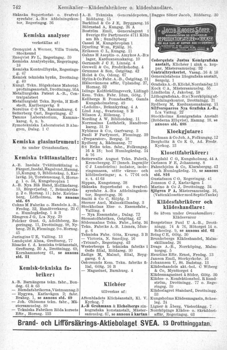 47 Kemisk tekniska byrån, Drottningg. 40 Kungl. Tekn. Högskolans Material profningsanstalt, Drottningg. 95A Metallurgiska Patent A.-B., Centralpalatset Metalhtrgiskt Tekn.