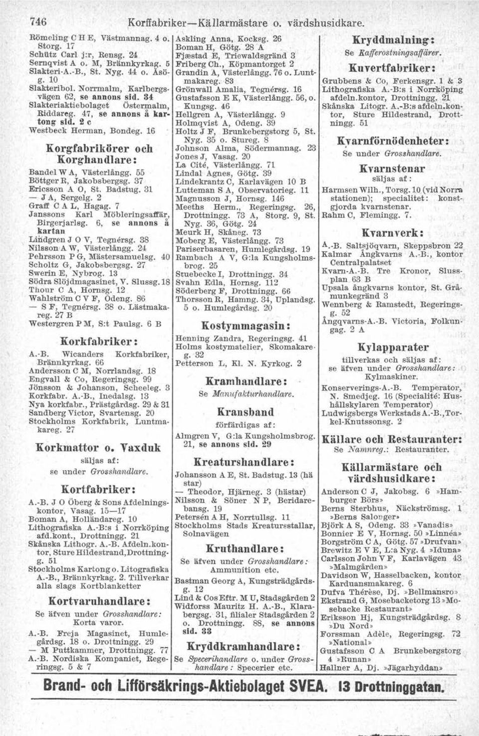 Norrmalm, Karlbergsvägen Grön wall Amalia, Tegnersg. 16 62, se annons sid. 34 Gustafsson E K, Västerlångg. 56, o. Slakteriaktiebolaget Östermalm, Kungsg. 46 Riddareg.