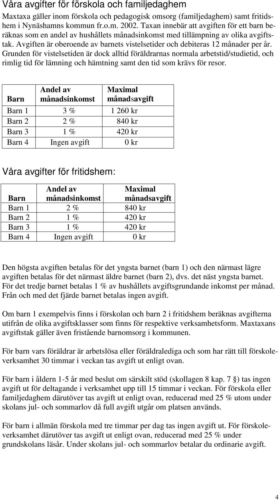 Avgiften är oberoende av barnets vistelsetider och debiteras 12 månader per år.