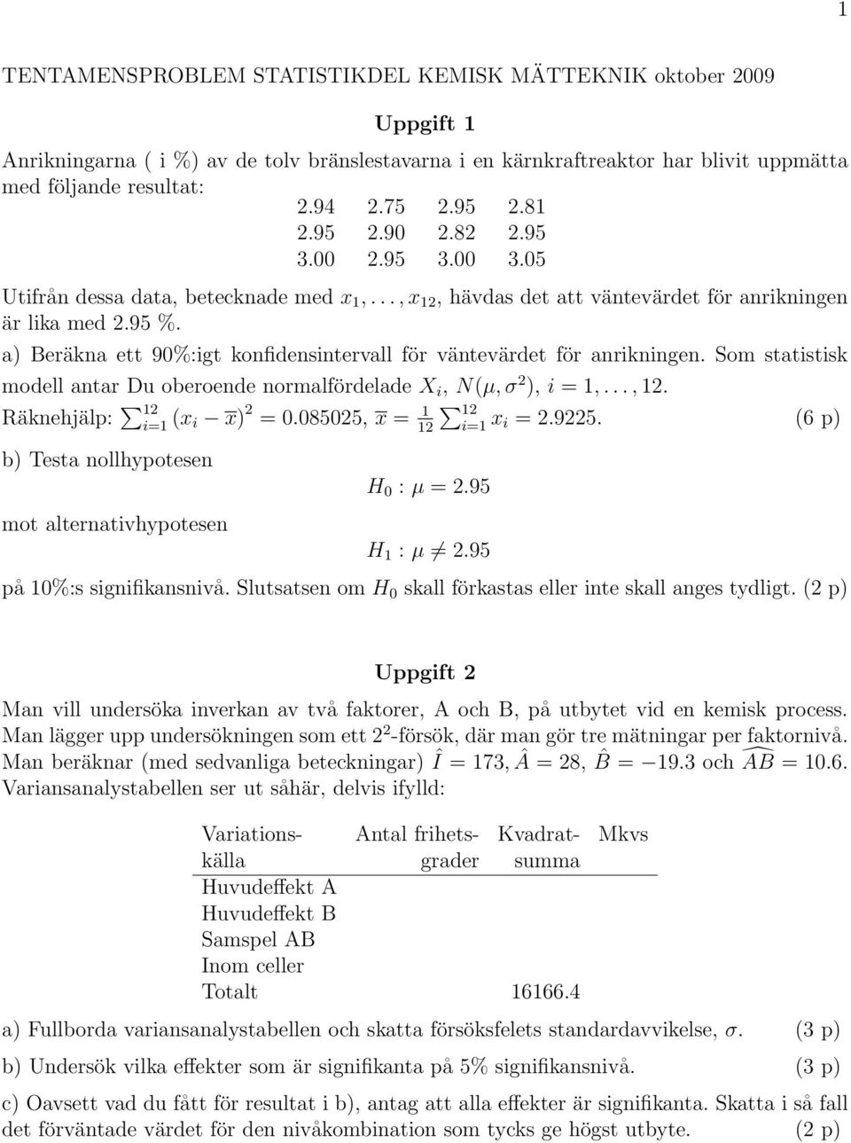 a) Beräkna ett 90%:igt konfidensintervall för väntevärdet för anrikningen. Som statistisk modell antar Du oberoende normalfördelade X i, N(µ, σ 2 ), i = 1,..., 12. Räknehjälp: 12 i=1 (x i x) 2 = 0.