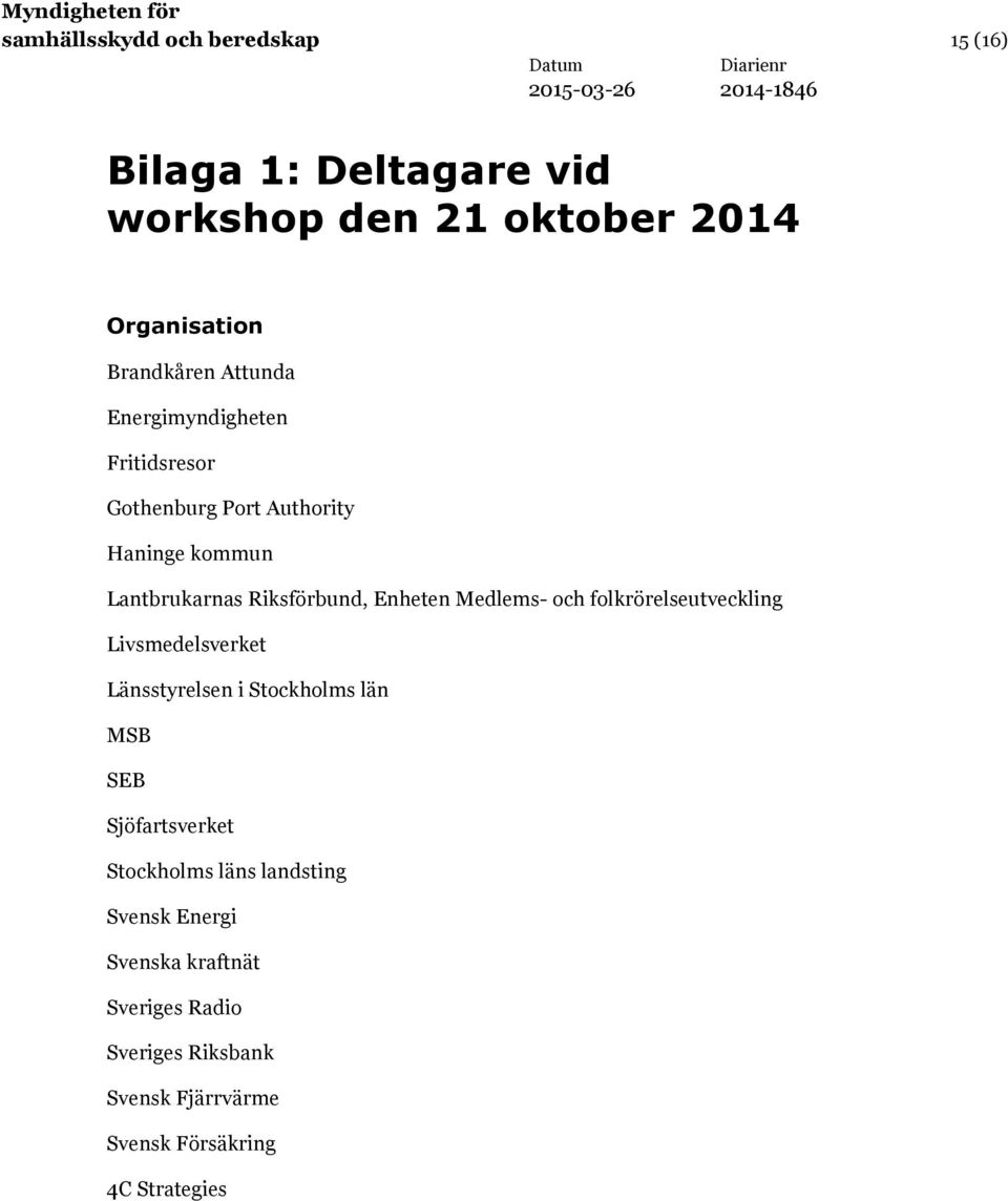 Medlems- och folkrörelseutveckling Livsmedelsverket Länsstyrelsen i Stockholms län MSB SEB Sjöfartsverket Stockholms