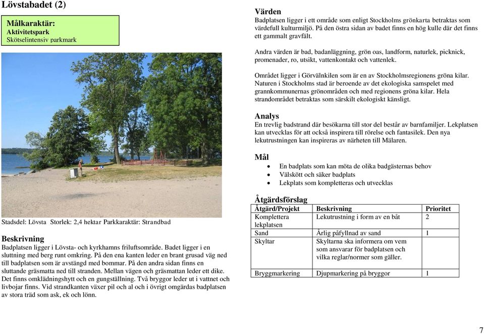 Andra värden är bad, badanläggning, grön oas, landform, naturlek, picknick, promenader, ro, utsikt, vattenkontakt och vattenlek.