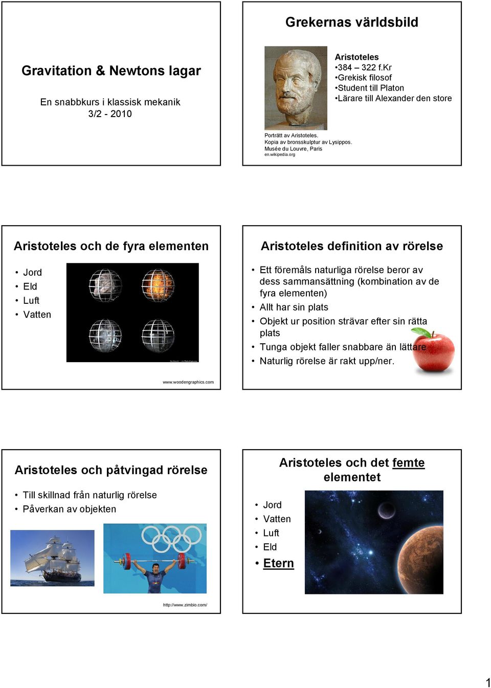 org Aristoteles och de fyra elementen Jord Eld Luft Vatten Aristoteles definition av rörelse Ett föremåls naturliga rörelse beror av dess sammansättning (kombination av de fyra elementen) Allt har