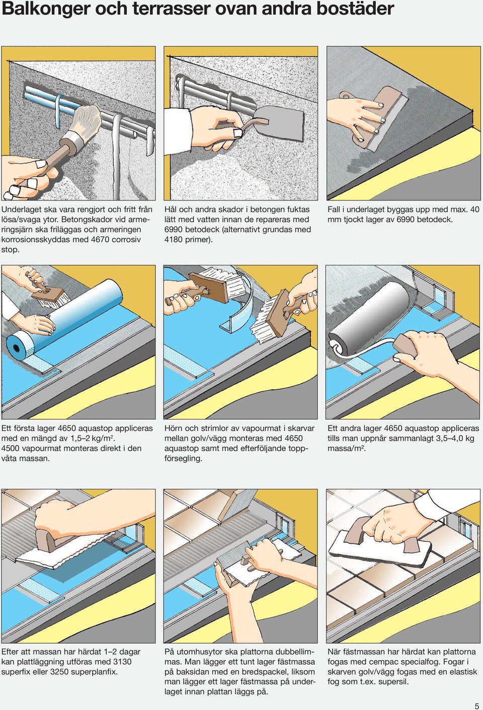 Hål och andra skador i betongen fuktas lätt med vatten innan de repareras med 6990 betodeck (alternativt grundas med 4180 primer). Fall i underlaget byggas upp med max.