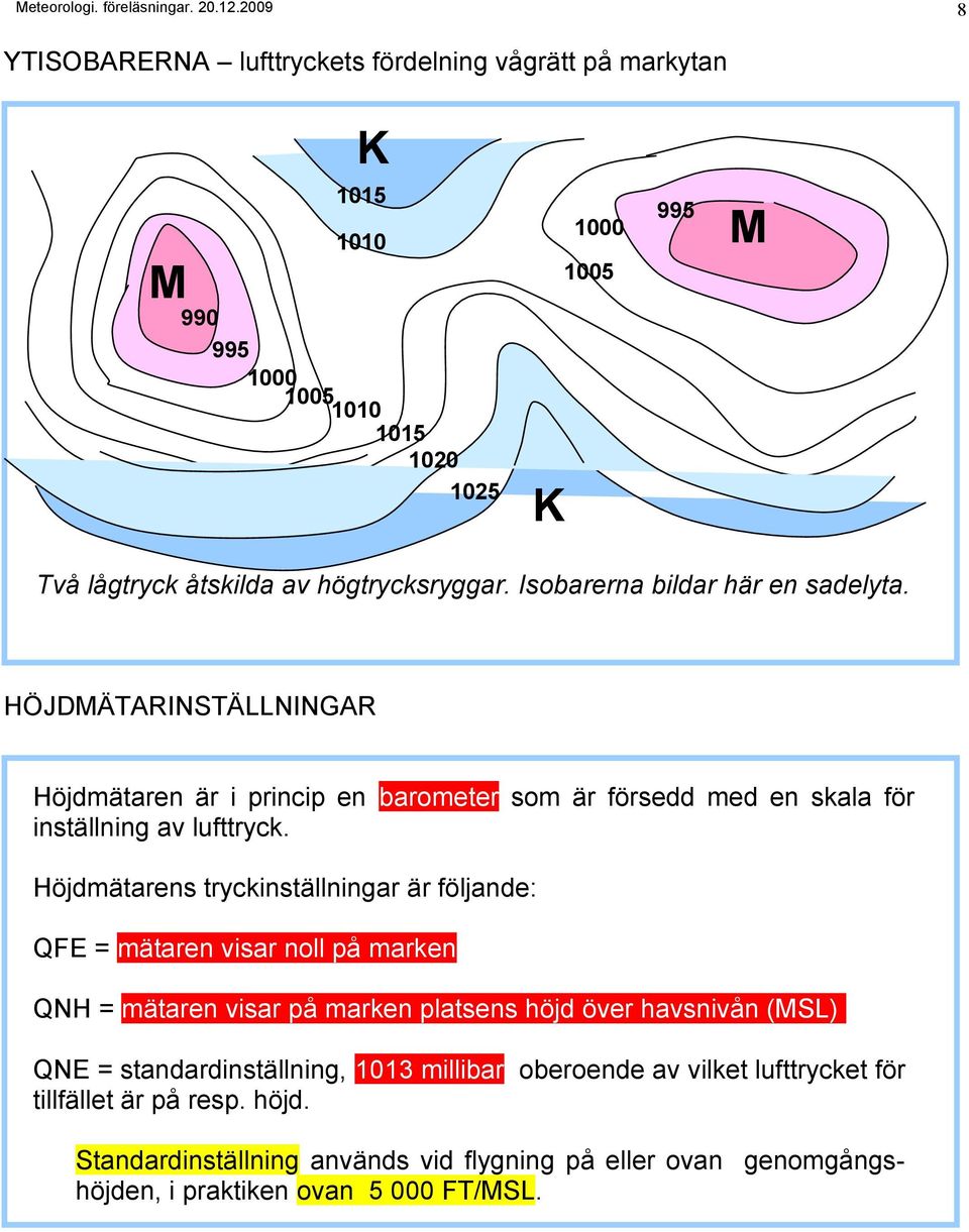 Höjdmätarens tryckinställningar är följande: QFE = mätaren visar noll på marken QNH = mätaren visar på marken platsens höjd över havsnivån (MSL) QNE =