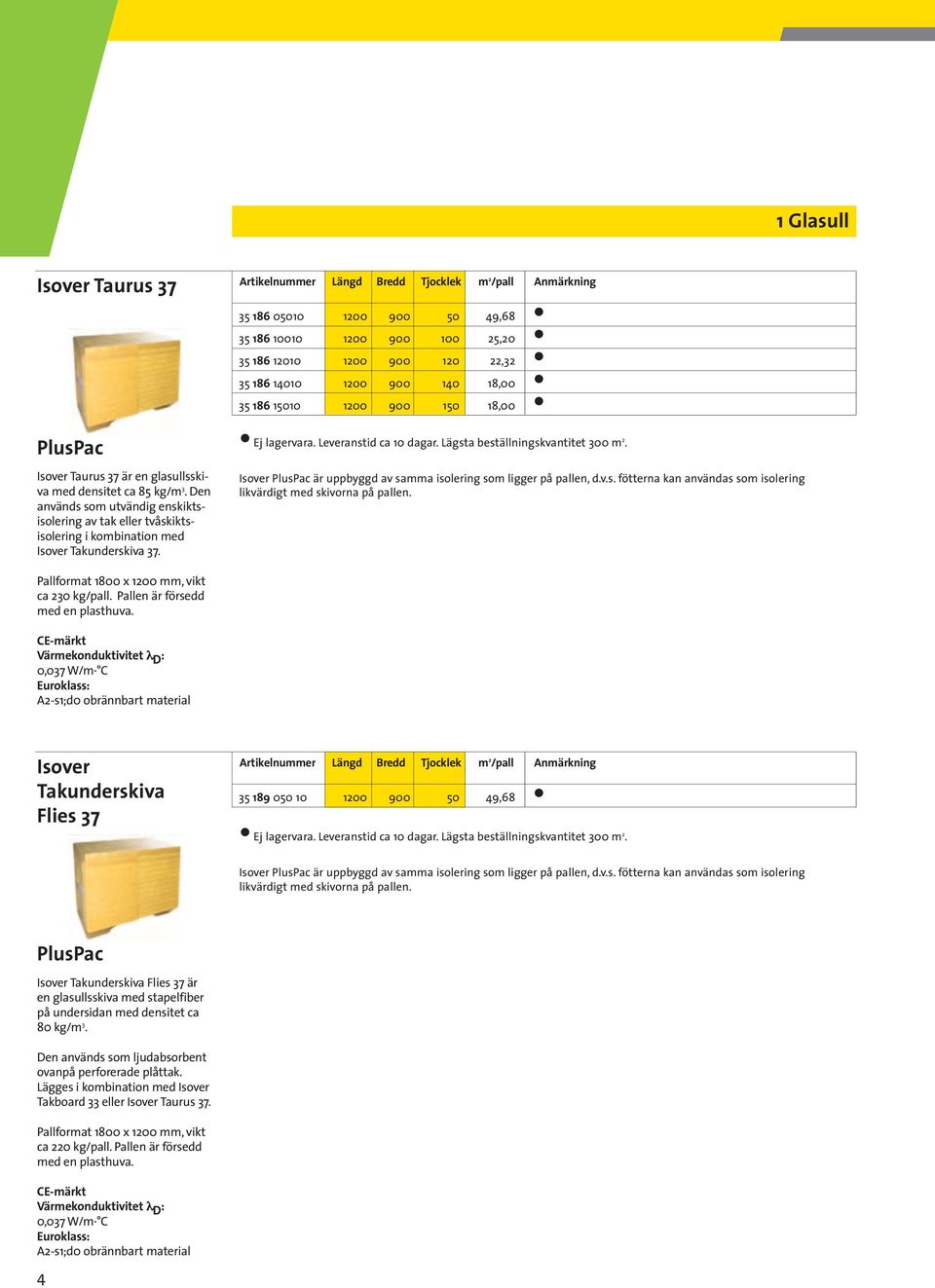 Den används som utvändig enskiktsisolering av tak eller tvåskiktsisolering i kombination med Isover Takunderskiva 37. Pallformat 1800 x 1200 mm, vikt ca 230 kg/pall.