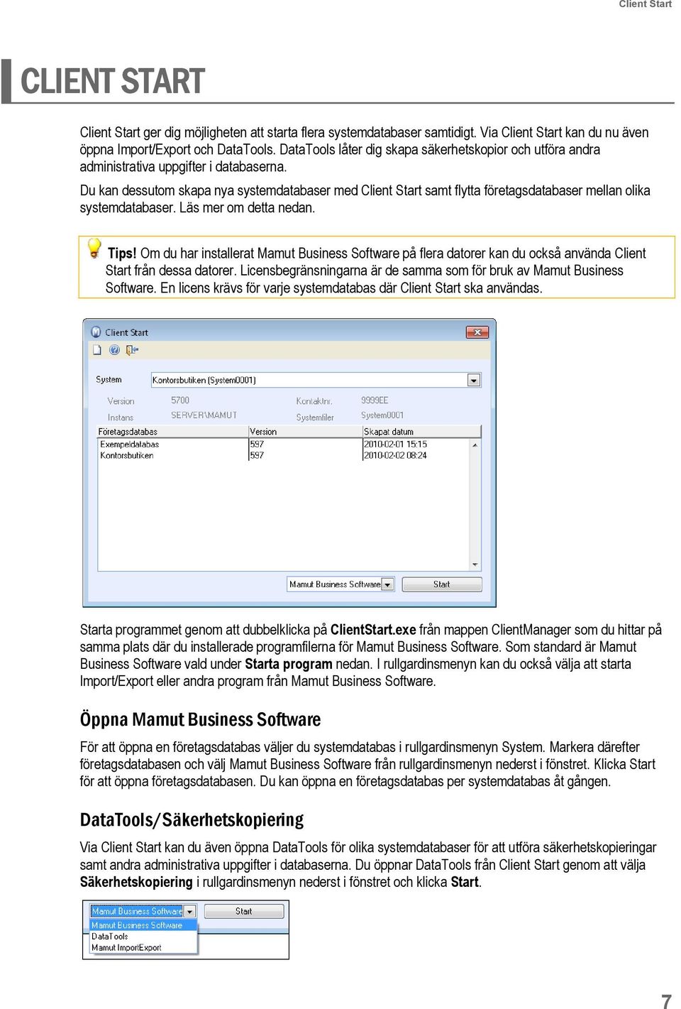 Du kan dessutom skapa nya systemdatabaser med Client Start samt flytta företagsdatabaser mellan olika systemdatabaser. Läs mer om detta nedan. Tips!
