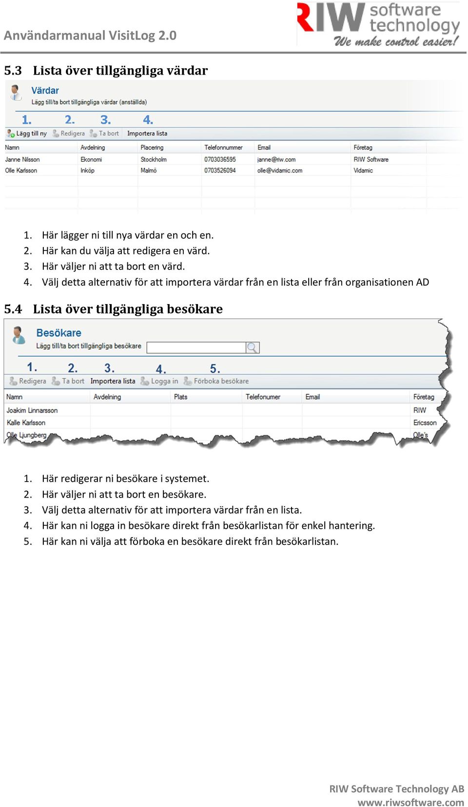 4 Lista över tillgängliga besökare 1. Här redigerar ni besökare i systemet. 2. Här väljer ni att ta bort en besökare. 3.