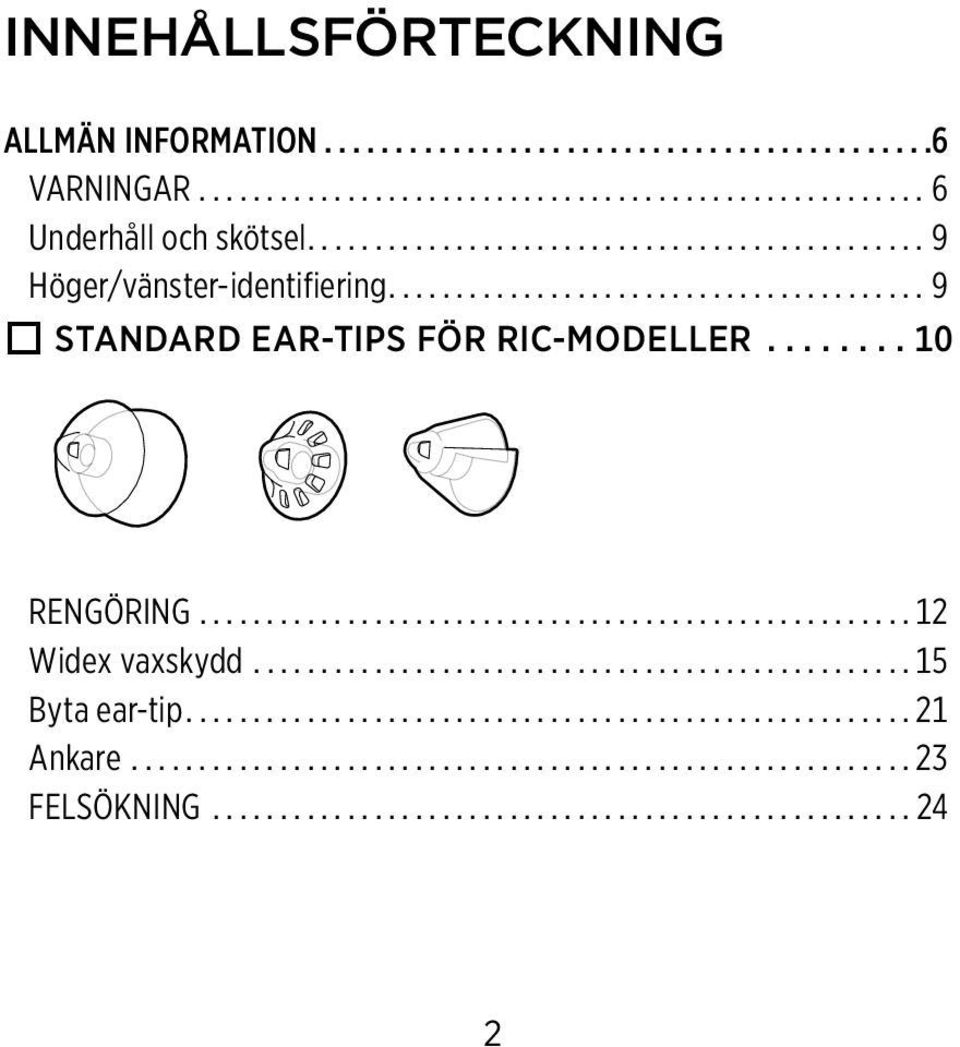 ..9 Standard ear-tips för RIC-modeller...10 RENGÖRING.