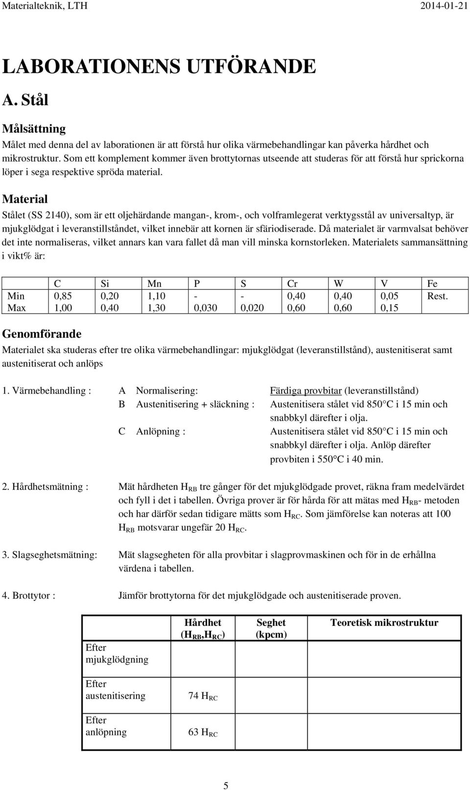 Material Stålet (SS 2140), som är ett oljehärdande mangan-, krom-, och volframlegerat verktygsstål av universaltyp, är mjukglödgat i leveranstillståndet, vilket innebär att kornen är sfäriodiserade.