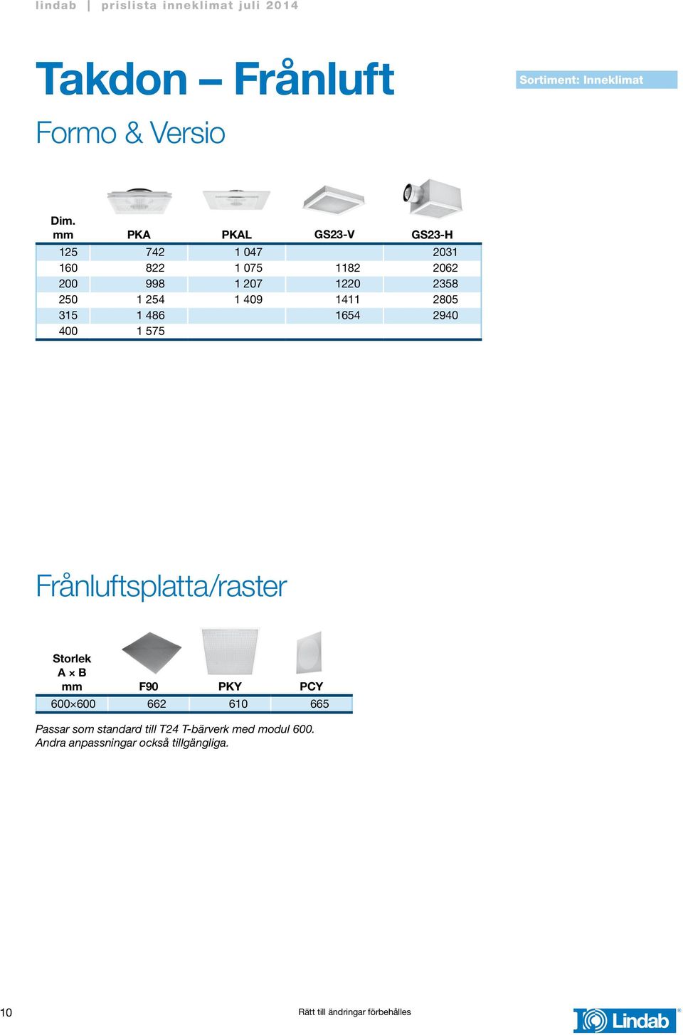 1 254 1 409 1411 2805 315 1 486 1654 2940 400 1 575 Frånluftsplatta/raster Storlek A B F90