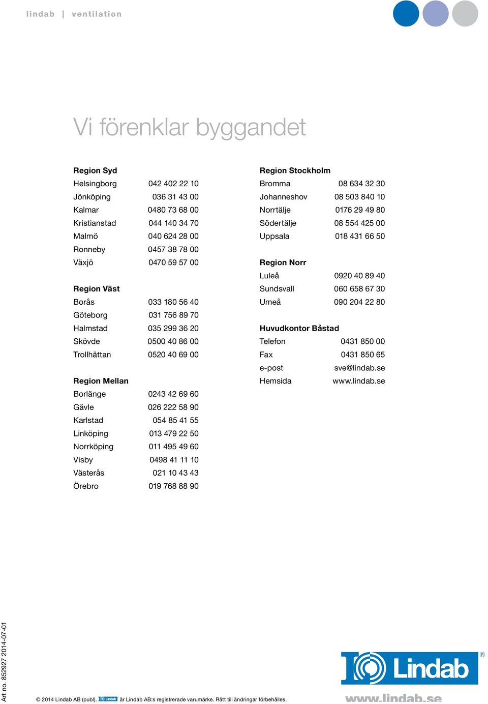 Karlstad 054 85 41 55 Linköping 013 479 22 50 Norrköping 011 495 49 60 Visby 0498 41 11 10 Västerås 021 10 43 43 Örebro 019 768 88 90 Region Stockholm Broa 08 634 32 30 Johanneshov 08 503 840 10