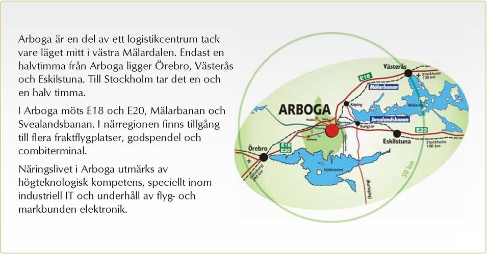 I Arboga möts E18 och E20, Mälarbanan och Svealandsbanan.