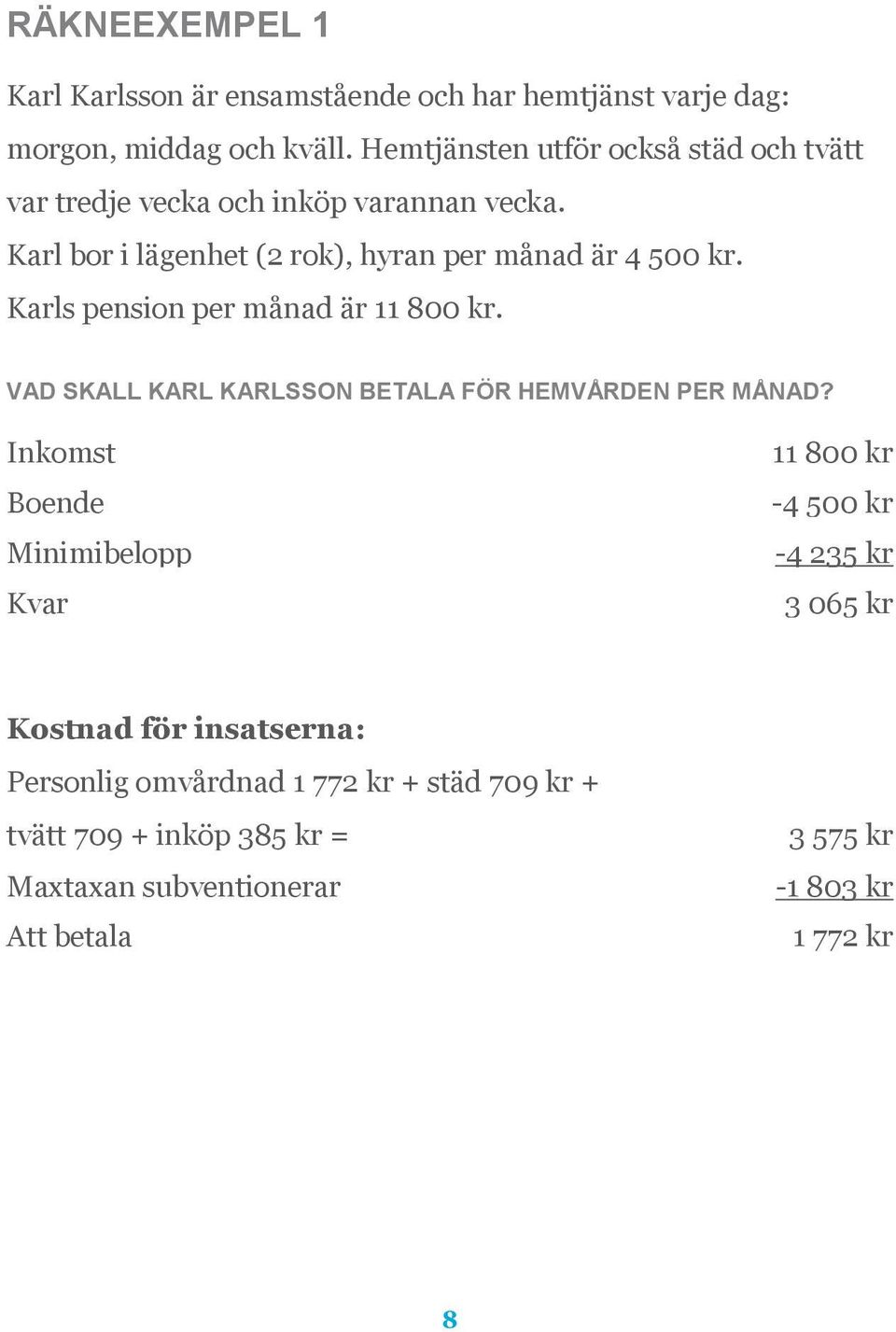 Karls pension per månad är 11 800 kr. VAD SKALL KARL KARLSSON BETALA FÖR HEMVÅRDEN PER MÅNAD?