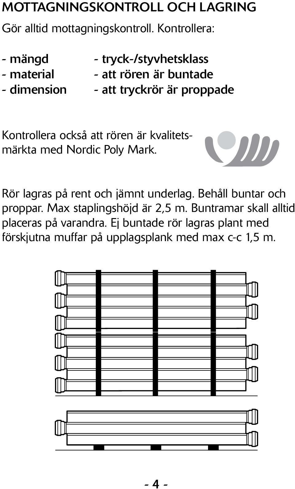 Kontrollera också att rören är kvalitetsmärkta med Nordic Poly Mark. Rör lagras på rent och jämnt underlag.