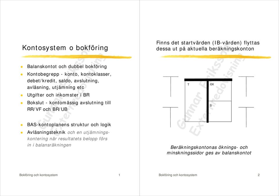 avslutning till RR/VF och BR/UB T EK S BASkontoplanens struktur och logik Avläsningsteknik och en utjämningskontering när resultatets belopp