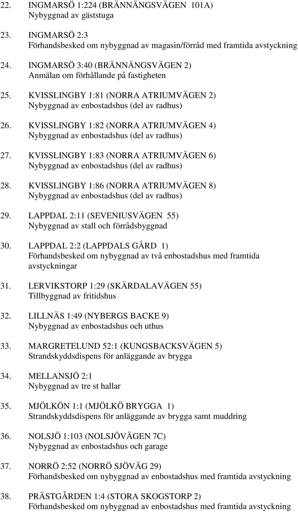 KVISSLINGBY 1:83 (NORRA ATRIUMVÄGEN 6) (del av radhus) 28. KVISSLINGBY 1:86 (NORRA ATRIUMVÄGEN 8) (del av radhus) 29. LAPPDAL 2:11 (SEVENIUSVÄGEN 55) Nybyggnad av stall och förrådsbyggnad 30.