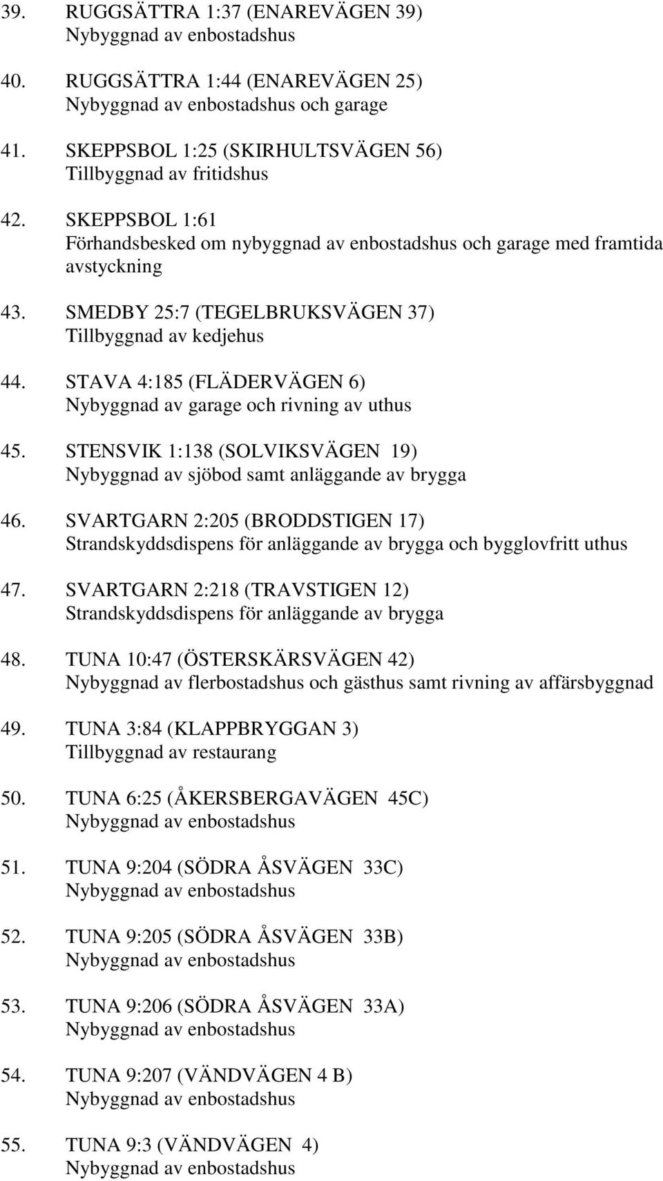 STAVA 4:185 (FLÄDERVÄGEN 6) Nybyggnad av garage och rivning av uthus 45. STENSVIK 1:138 (SOLVIKSVÄGEN 19) Nybyggnad av sjöbod samt anläggande av brygga 46.