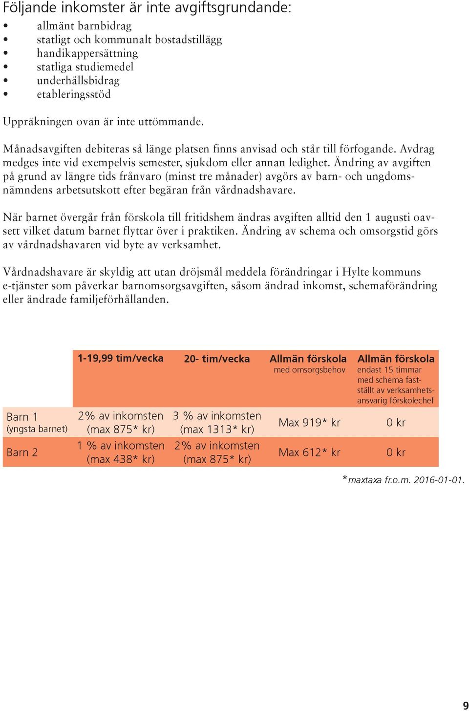 Ändring av avgiften på grund av längre tids frånvaro (minst tre månader) avgörs av barn- och ungdomsnämndens arbetsutskott efter begäran från vårdnadshavare.