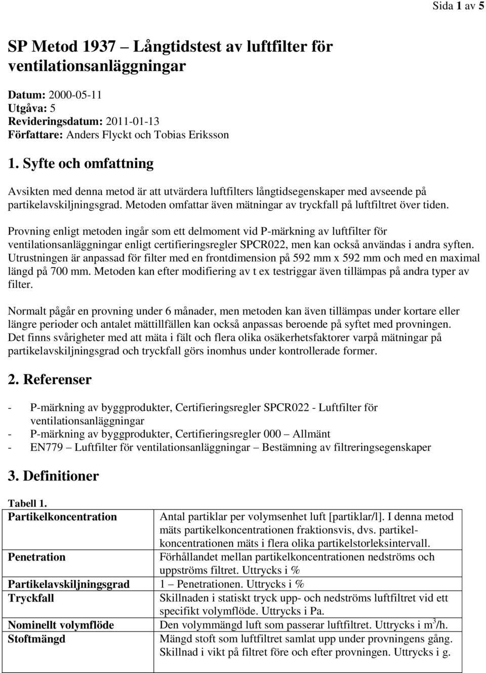 Metoden omfattar även mätningar av tryckfall på luftfiltret över tiden.