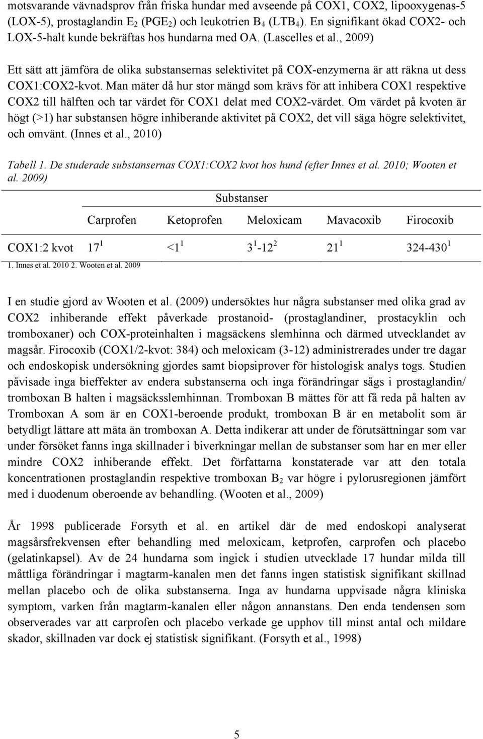 , 2009) Ett sätt att jämföra de olika substansernas selektivitet på COX-enzymerna är att räkna ut dess COX1:COX2-kvot.
