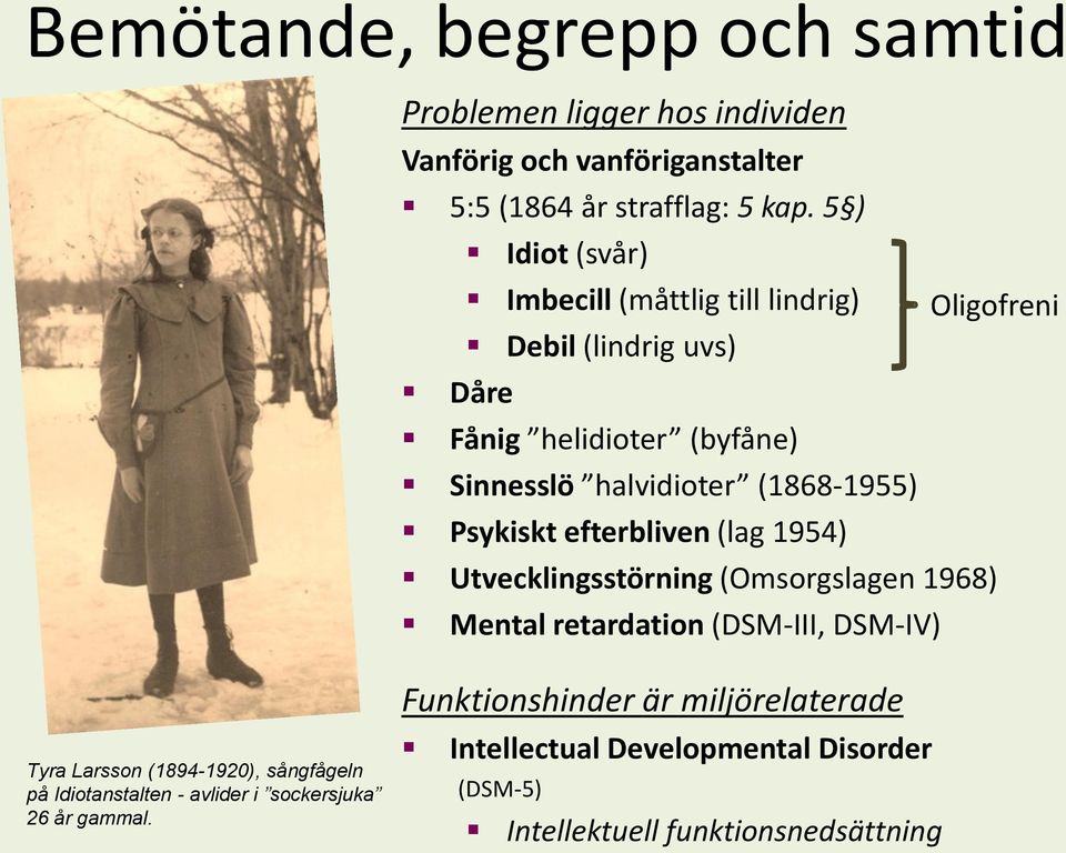 Psykiskt efterbliven (lag 1954) Utvecklingsstörning (Omsorgslagen 1968) Mental retardation (DSM-III, DSM-IV) Tyra Larsson (1894-1920), sångfågeln