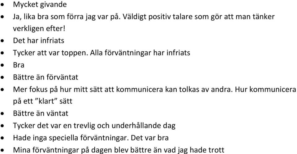 Alla förväntningar har infriats Bra Bättre än förväntat Mer fokus på hur mitt sätt att kommunicera kan tolkas av andra.