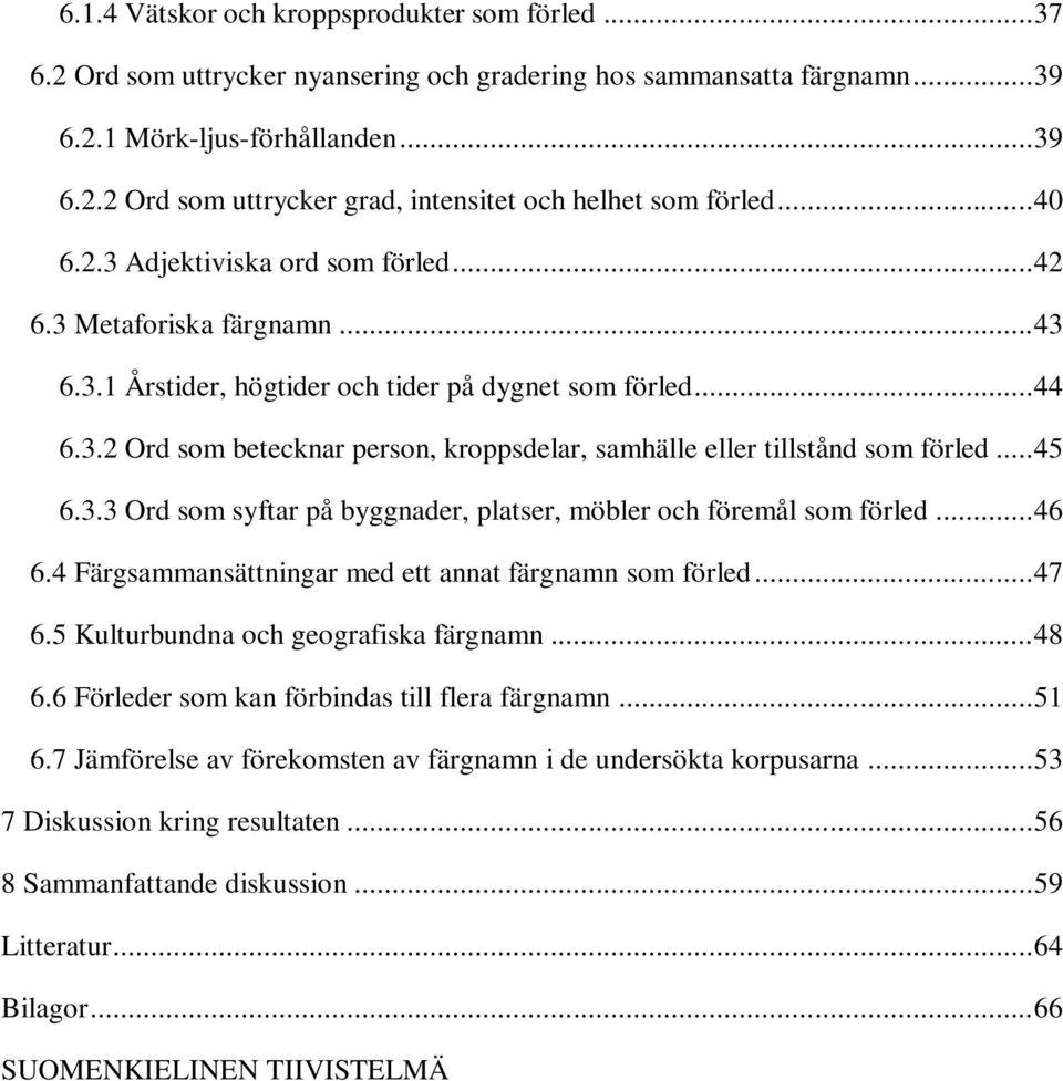 .. 45 6.3.3 Ord som syftar på byggnader, platser, möbler och föremål som förled... 46 6.4 Färgsammansättningar med ett annat färgnamn som förled... 47 6.5 Kulturbundna och geografiska färgnamn... 48 6.